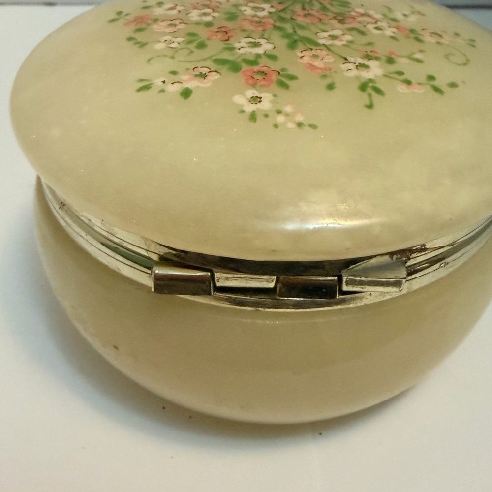 Vintage Alabaster Cream Floral Round Trinket Box with Hinged Lid